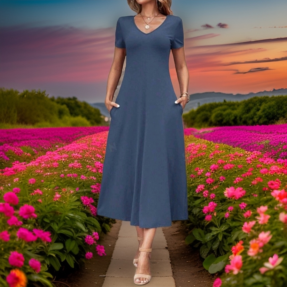 V-Neck POCKET Dress NWT! Short Sleeve Blue SIZES: SM, MED, LRG, XL Long